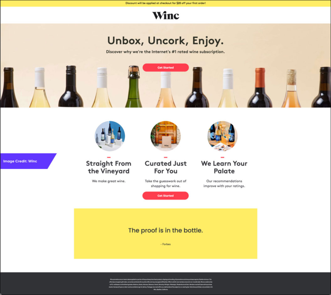 Winc’s landing page