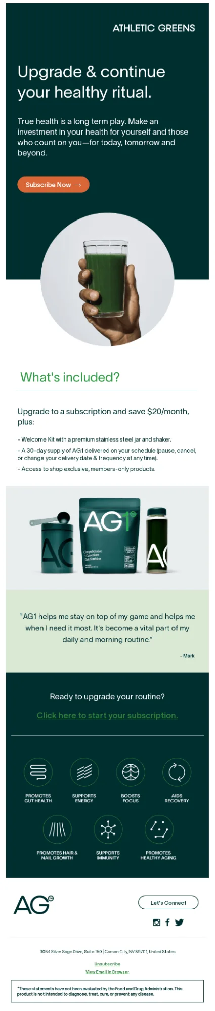 Athletic Greens upsell email with single CTA