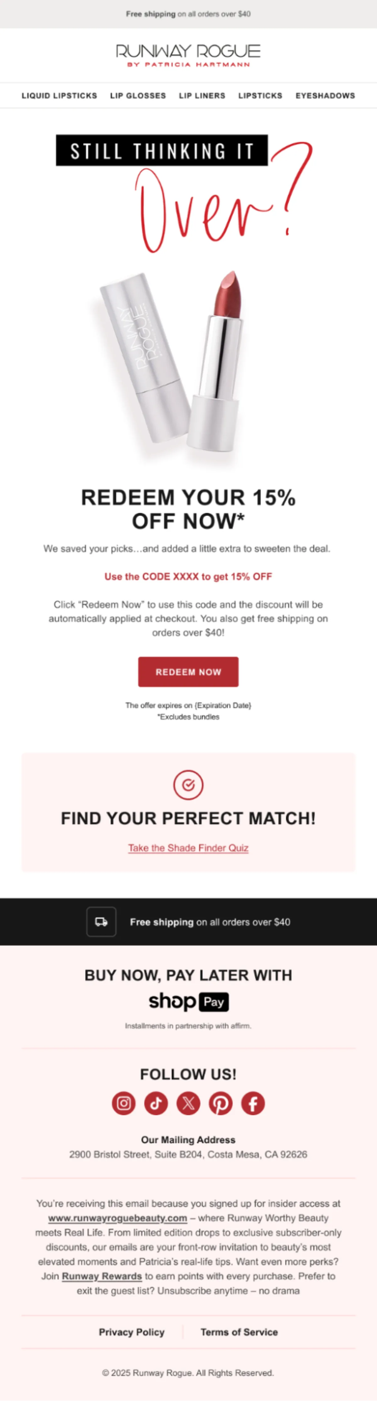 Runway Rogue abandoned cart incentive email