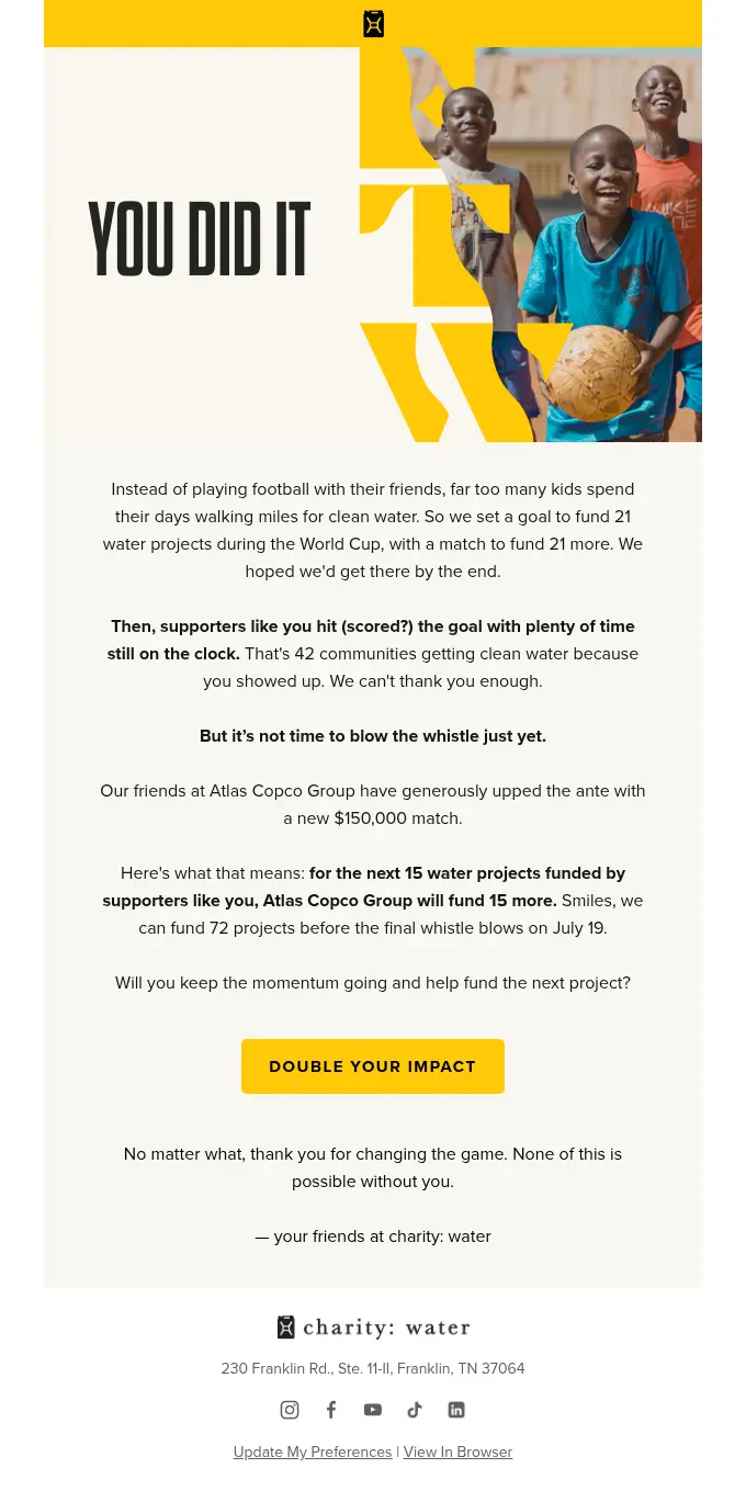charity: water recurring donation appeal email example with a matching gift goal and deadline