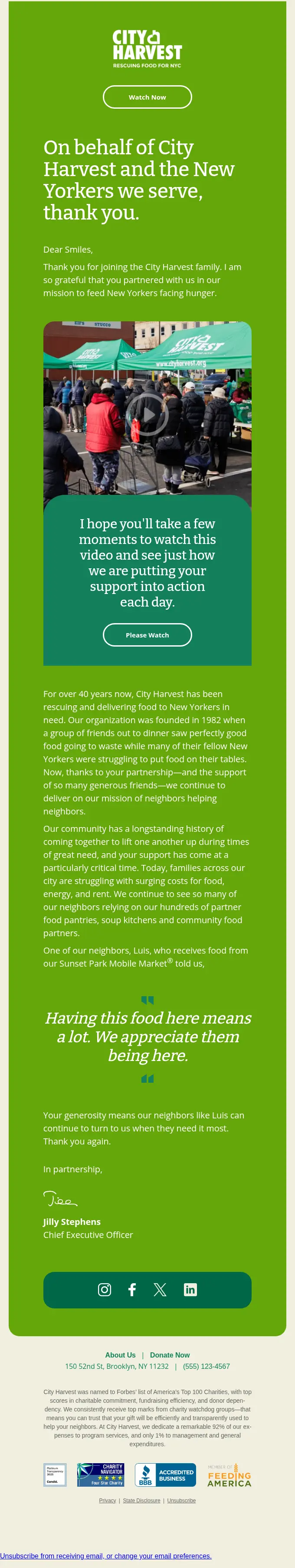 City Harvest thank you email example with a CEO note, video, and charity rating badges