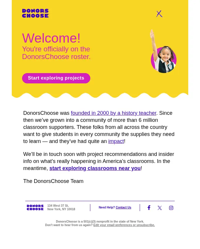DonorsChoose welcome email example introducing the mission and inviting new subscribers to explore projects