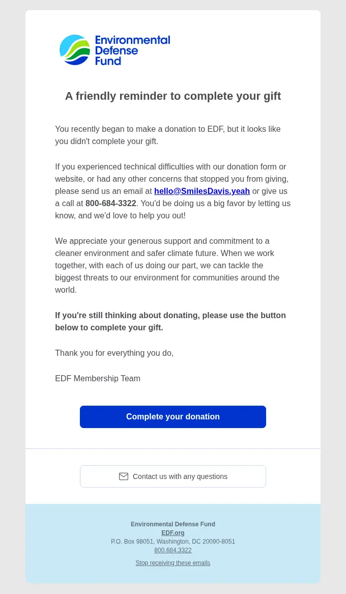 Environmental Defense Fund reminder email example asking a donor to complete an unfinished gift