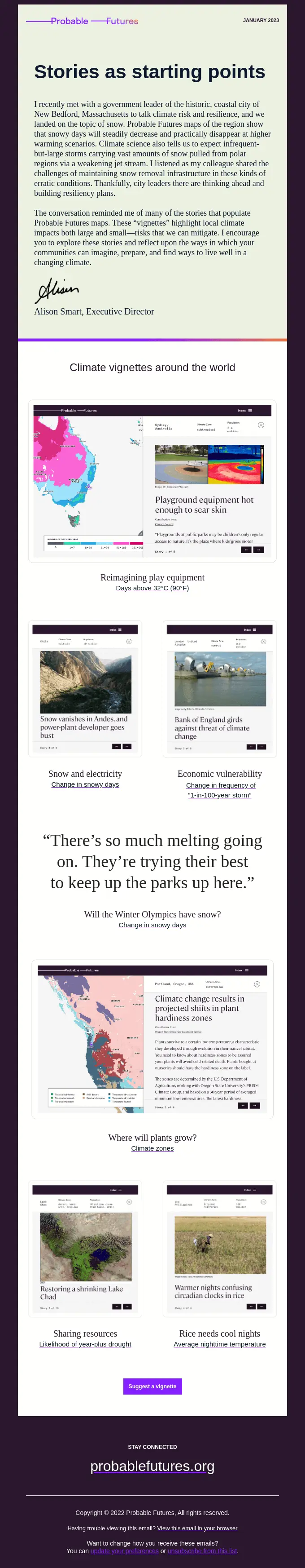 Probable Futures engagement email example exploring climate vignettes with a personal note from the executive director