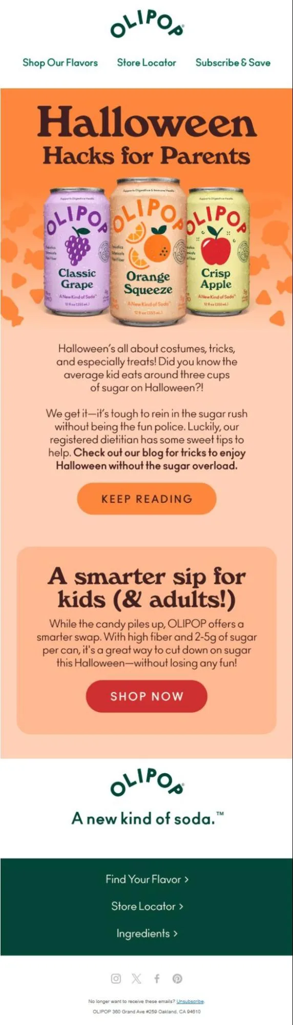 Halloween gift guide email example from Olipop