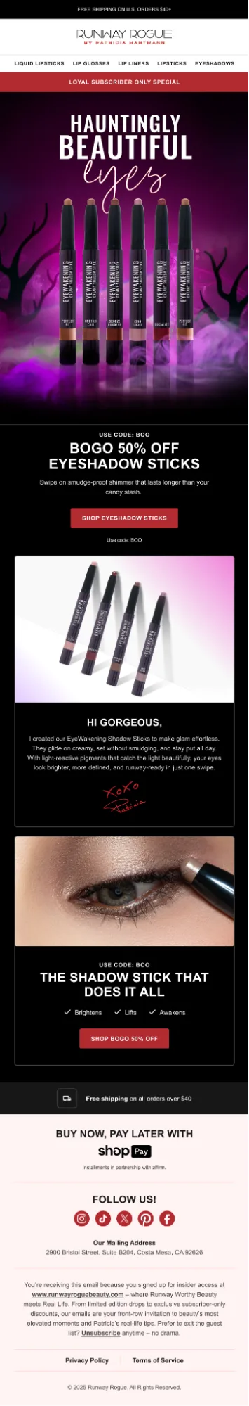 Halloween BOGO treat email example from Runway Rogue