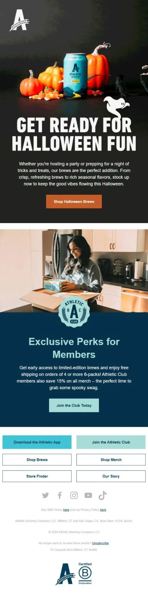 Loyalty perks Halloween email example from Athletic Brewing