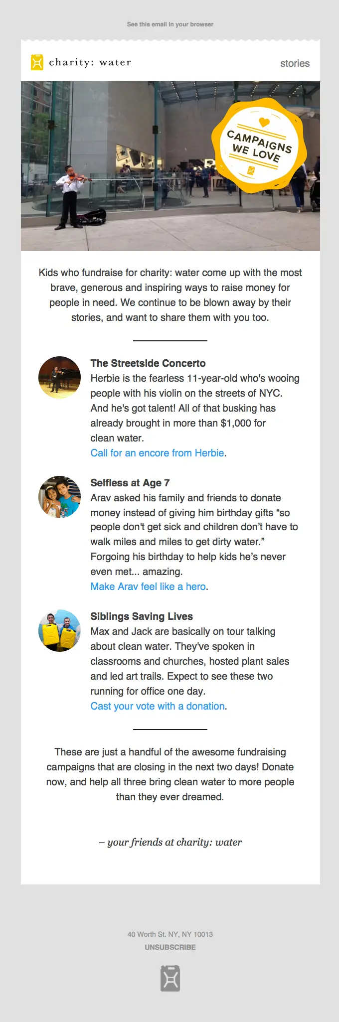 charity: water fundraising campaign email example featuring young fundraisers and a deadline-driven call to action