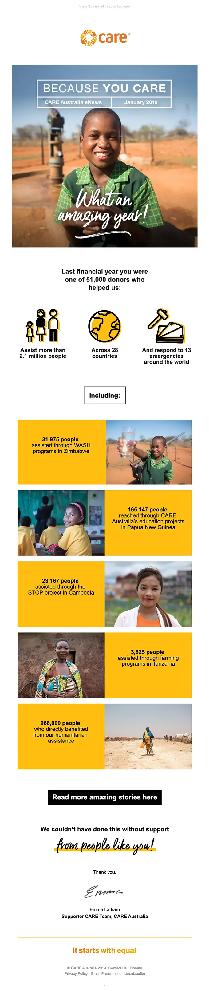 Australia Care mission moments email example sharing yearly impact highlights