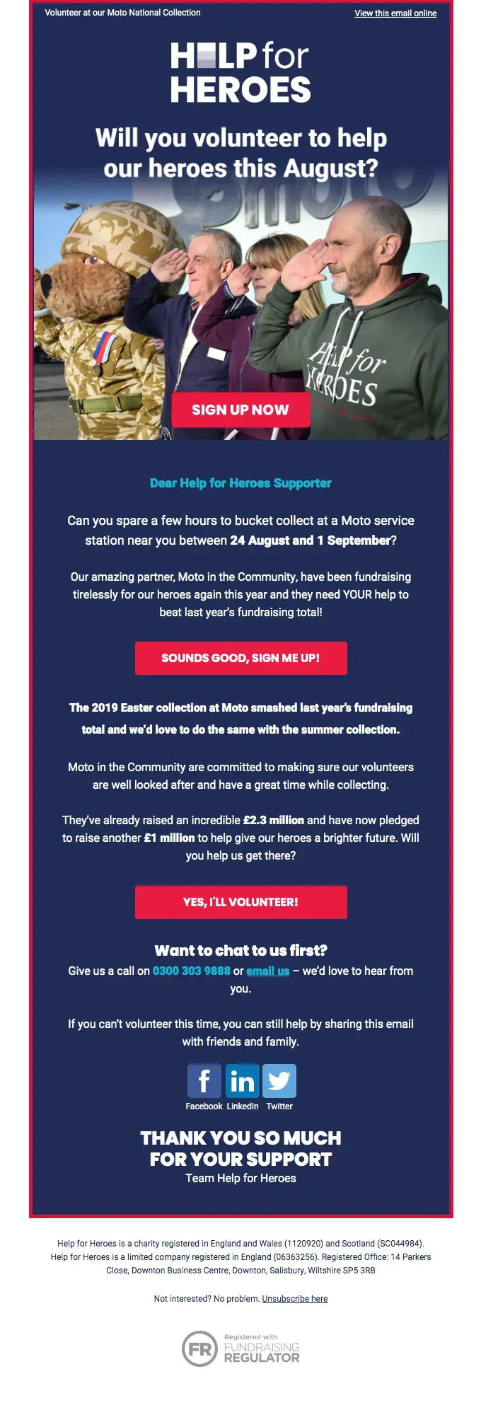 Smiles Davis volunteer recruitment email example with a clear time commitment and signup call to action